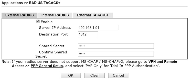 a screenshot of DrayOS External RADIUS settings